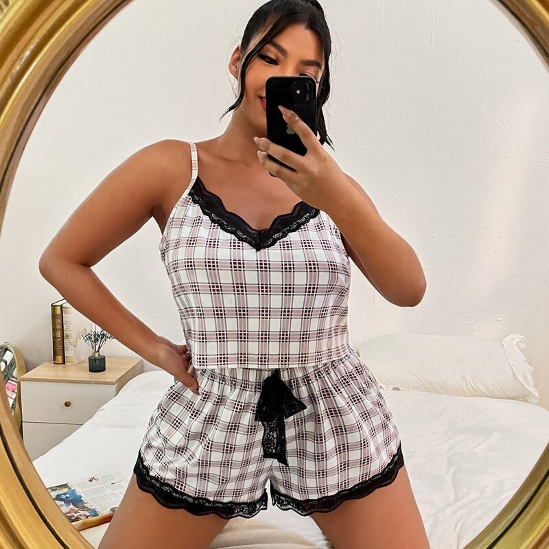 

Plus Contrast Lace Plaid Cami PJ Set, Multicolor