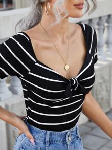 Muchica Knot Front Striped Top - Black - View 3