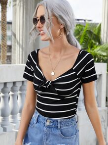 Muchica Knot Front Striped Top - Black - View 4