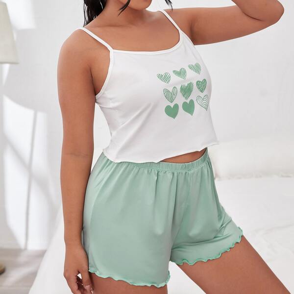 

Plus Heart Print Lettuce Trim Pajama Set, Multicolor