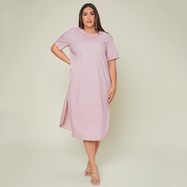 

Plus Split Hem Tee Dress, Dusty pink