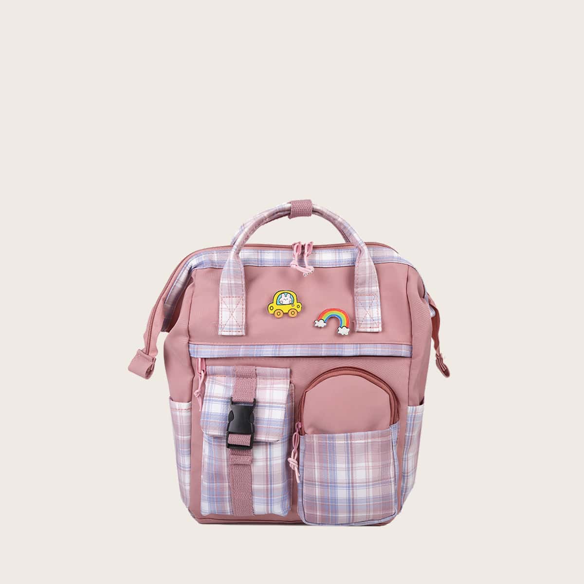 

Plaid Pattern Backpack with Cartoon Badge, Dusty pink