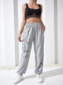 Yoga Basic Figure Graphic Elastic Waist Breathable Softness Sports Trousers - Light Grey - View 3