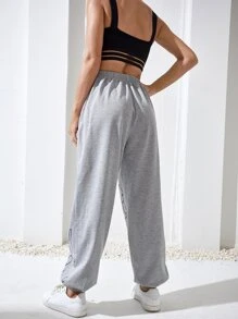 Yoga Basic Figure Graphic Elastic Waist Breathable Softness Sports Trousers - Light Grey - View 2