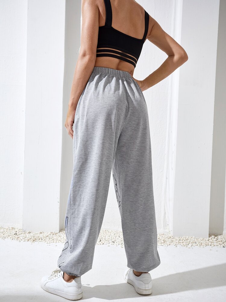 Yoga Basic Figure Graphic Elastic Waist Breathable Softness Sports Trousers - Light Grey - View 2