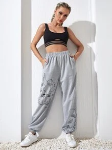 Yoga Basic Figure Graphic Elastic Waist Breathable Softness Sports Trousers - Light Grey - View 4