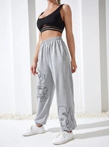 Yoga Basic Figure Graphic Elastic Waist Breathable Softness Sports Trousers - Light Grey - View 5