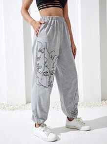 Yoga Basic Figure Graphic Elastic Waist Breathable Softness Sports Trousers - Light Grey - View 1