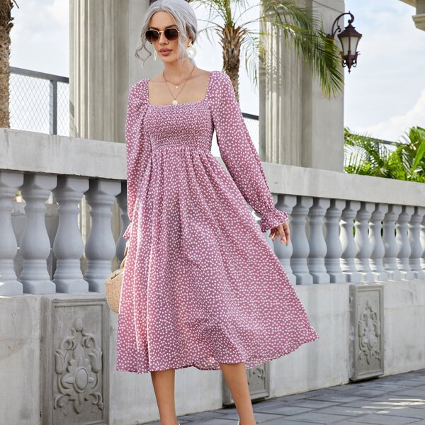 

Ditsy Floral Flounce Sleeve Shirred A-line Dress, Dusty pink