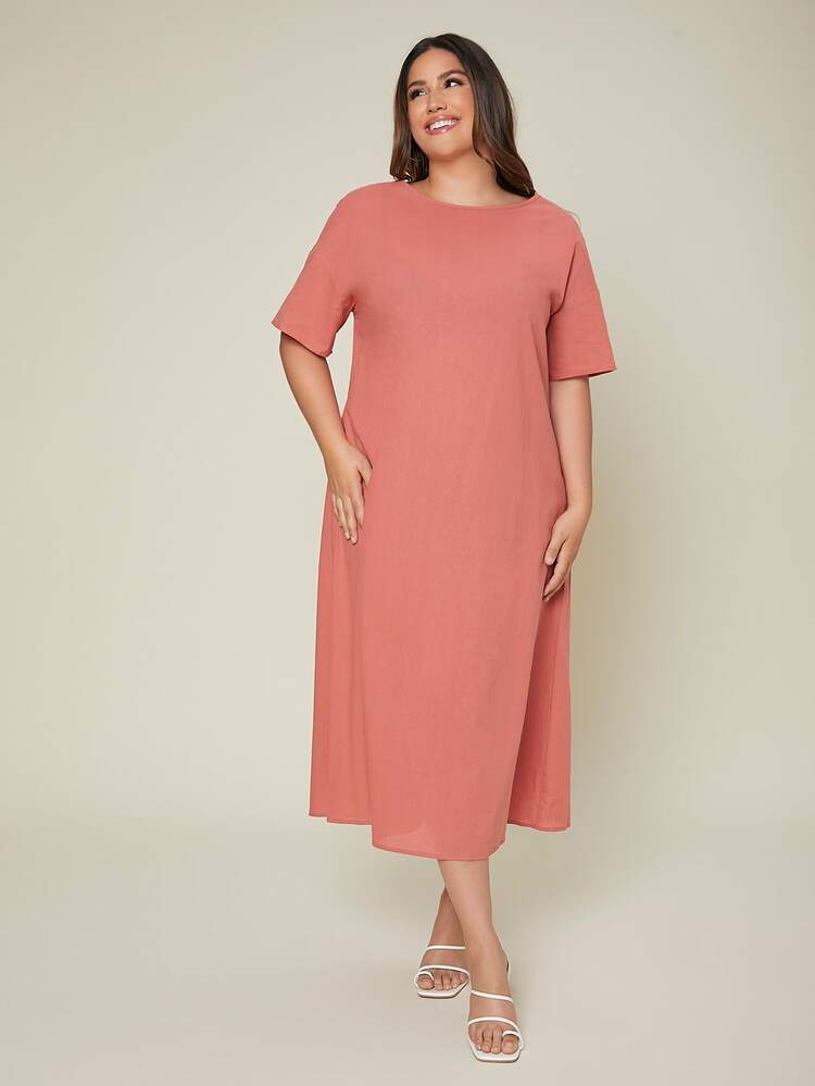 SHEIN Đầm Plus Size màu trơn Giải trí - Màu Hồng  Dưa hấu - Xem 3