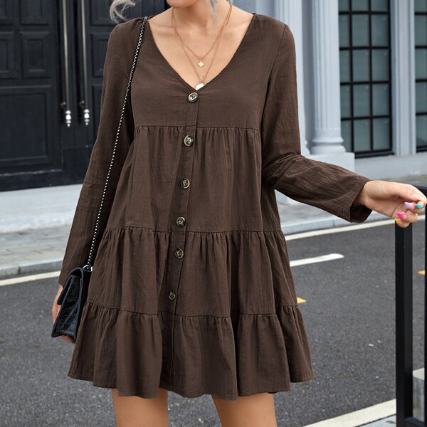 

Single Breasted Ruffle Hem Smock Dress, Chocolate brown