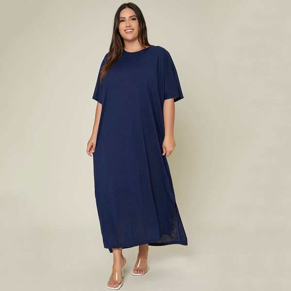 

Plus Batwing Sleeve Slit Hem Tee Dress, Navy blue