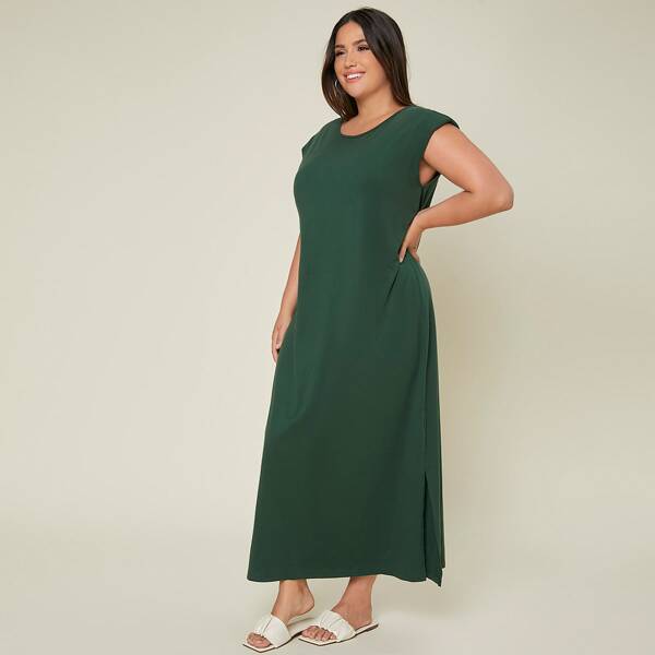 

Plus Scoop Neck Slit Hem Sleep Dress, Dark green