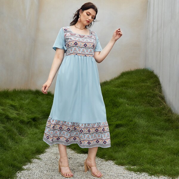 

Plus Geo Print Square Neck Butterfly Sleeve Dress, Baby blue