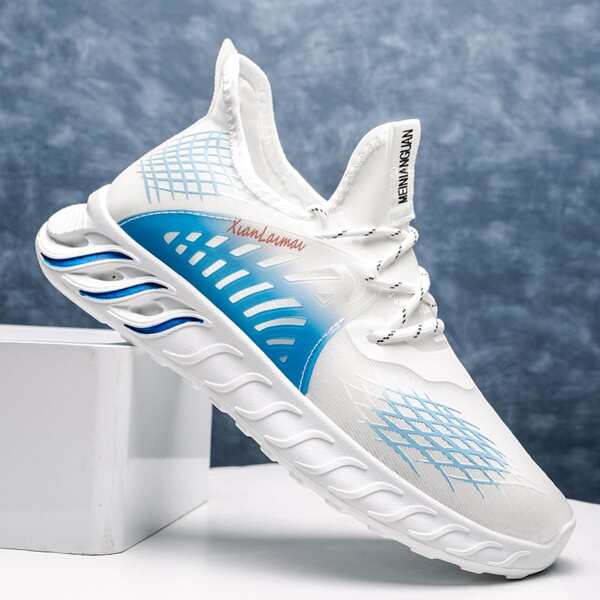 

Men Lace Up Decor Knit Sneakers, Blue and white