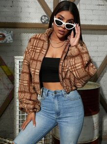 SHEIN Plaid Print Lantern Sleeve Zip Up Teddy Jacket - Coffee Brown - View 2