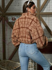 SHEIN Plaid Print Lantern Sleeve Zip Up Teddy Jacket - Coffee Brown - View 3