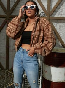 SHEIN Plaid Print Lantern Sleeve Zip Up Teddy Jacket - Coffee Brown - View 4