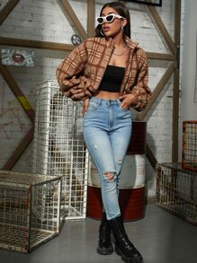 SHEIN Plaid Print Lantern Sleeve Zip Up Teddy Jacket - Coffee Brown - View 5