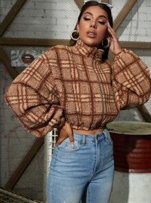 SHEIN Plaid Print Lantern Sleeve Zip Up Teddy Jacket - Coffee Brown - View 1