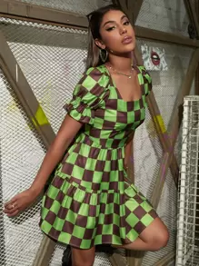 Muchica Square Neck Checkered Print A-Line Dress - Multicolor - View 5