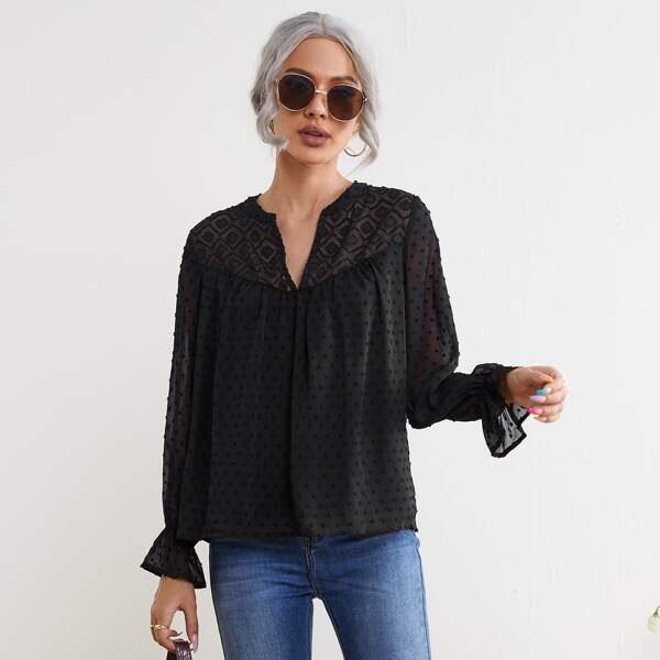 

Swiss Dot Notched Neck Flounce Sleeve Blouse, Black