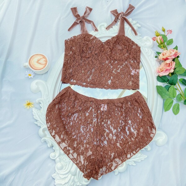 

Lace Sheer Knot Cami Top & Shorts Night Set, Rust brown