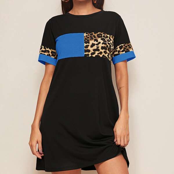 

Leopard Colorblock Tee Dress, Black