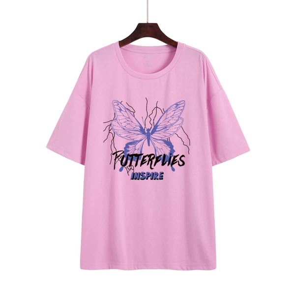 

Butterfly And Letter Graphic Drop Shoulder Oversized Tee, Baby pink