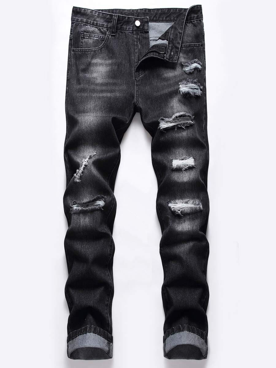 Manfinity Hombres Jeans rotos con cremallera - Negro - Ver 1