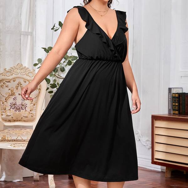

Plus Ruffle Trim Cami Sleep Dress, Black