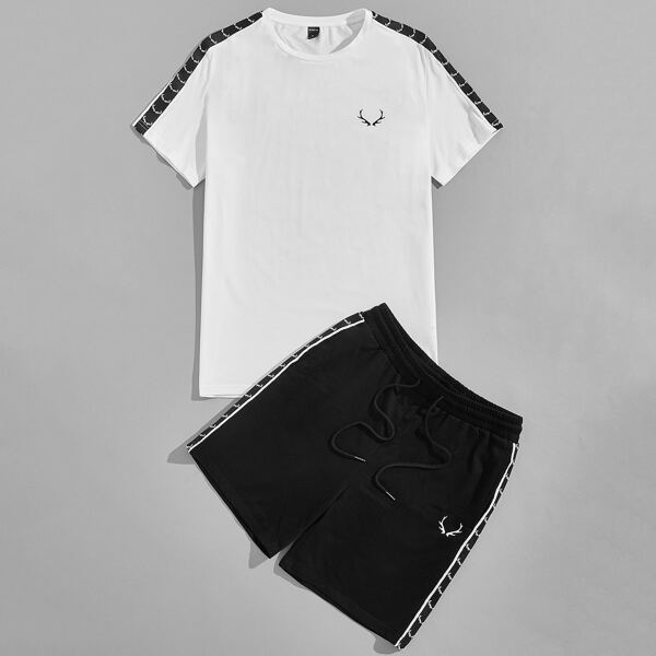 

Men Tape Panel Antler Print Tee & Shorts, Black and white
