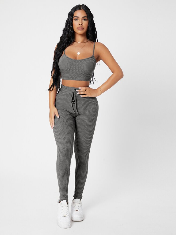 SHEIN PETITE Waffle Knit Cami Top And Leggings Set - Grey - View 3