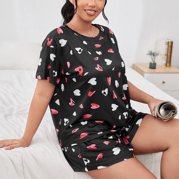 

Plus Heart Print Tee & Shorts PJ Set, Black