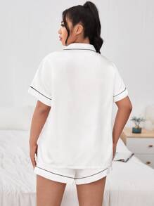 LuxeNights Bộ đồ ngủ bằng vải satin viền tương phản Plus Bộ màu trắng - trắng - Xem 2