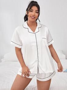 LuxeNights Bộ đồ ngủ bằng vải satin viền tương phản Plus Bộ màu trắng - trắng - Xem 4