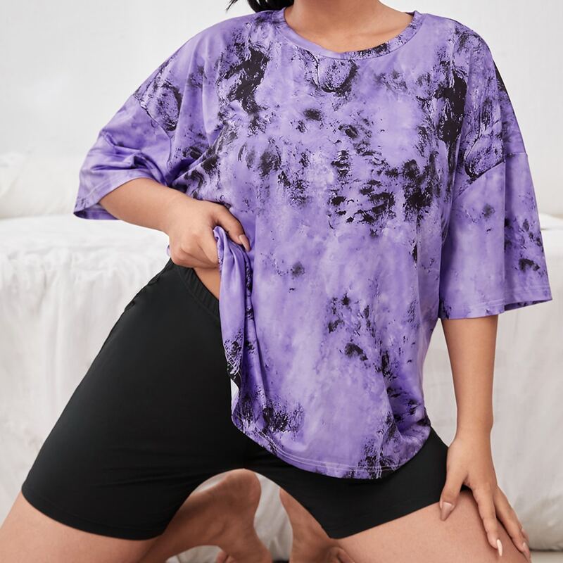 

Plus Drop Shoulder Tie Dye Pajama Set, Purple