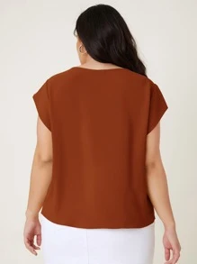 SHEIN Clasi 大碼折疊百褶素色上衣 - 棕色 - 查看 2