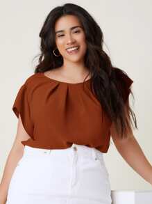 SHEIN Clasi 大碼折疊百褶素色上衣 - 棕色 - 查看 3