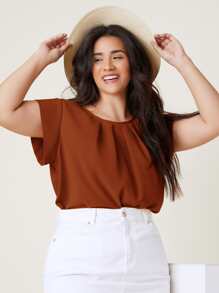 SHEIN Clasi 大碼折疊百褶素色上衣 - 棕色 - 查看 4