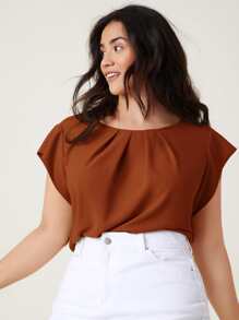 SHEIN Clasi 大碼折疊百褶素色上衣 - 棕色 - 查看 5