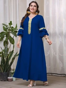 Al Najma Vestido túnico con fruncido a capas panel en contraste - azul real - Ver 3