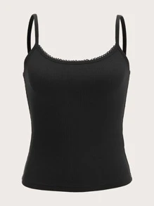 SHEIN EZwear 素色羅紋針織吊帶上衣 - 黑色 - 查看 1