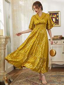 Modelyn 金色格紋圖案翻領打褶A字型連衣裙 - 黃色 - 查看 1