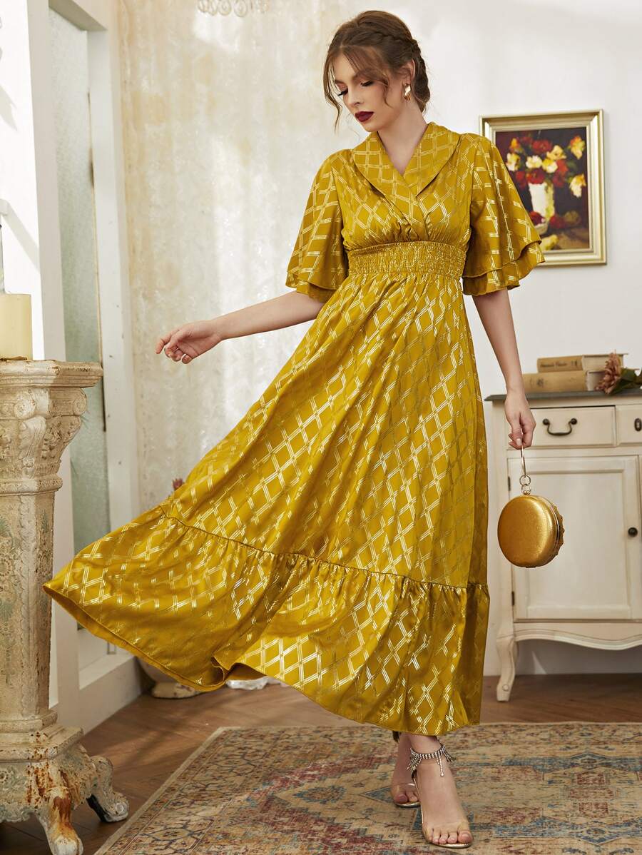 Modelyn 金色格紋圖案翻領打褶A字型連衣裙 - 黃色 - 查看 1