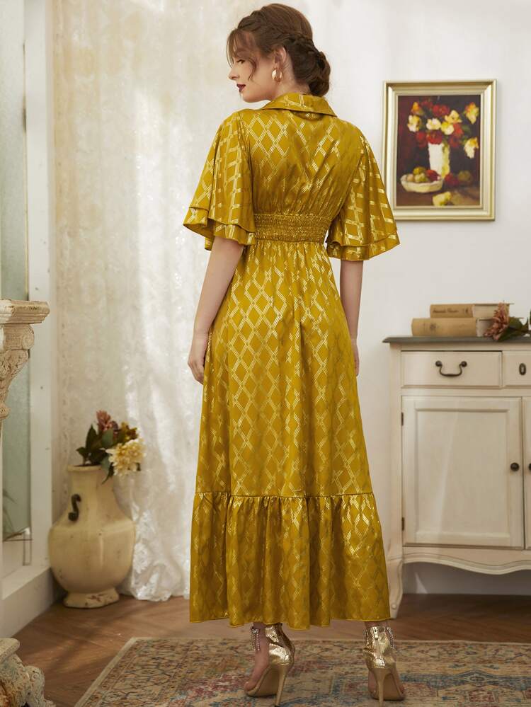 Gold Plaid Print Shawl Collar Shirred Waist A-line Dress