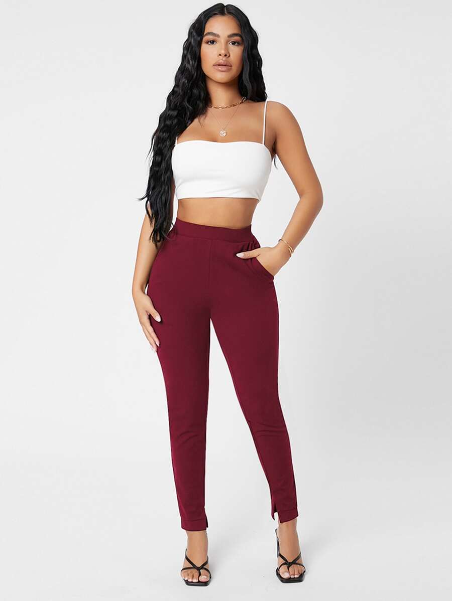 SHEIN PETITE Slant Pocket Skinny Pants - Burgundy - View 1