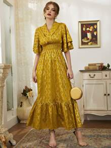 Modelyn 金色格紋圖案翻領打褶A字型連衣裙 - 黃色 - 查看 3