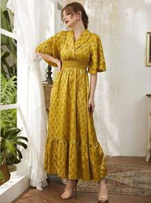 Modelyn 金色格紋圖案翻領打褶A字型連衣裙 - 黃色 - 查看 4