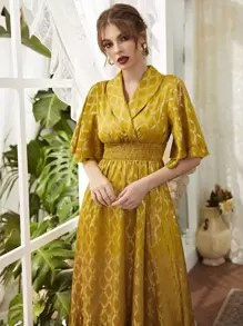 Modelyn 金色格紋圖案翻領打褶A字型連衣裙 - 黃色 - 查看 5